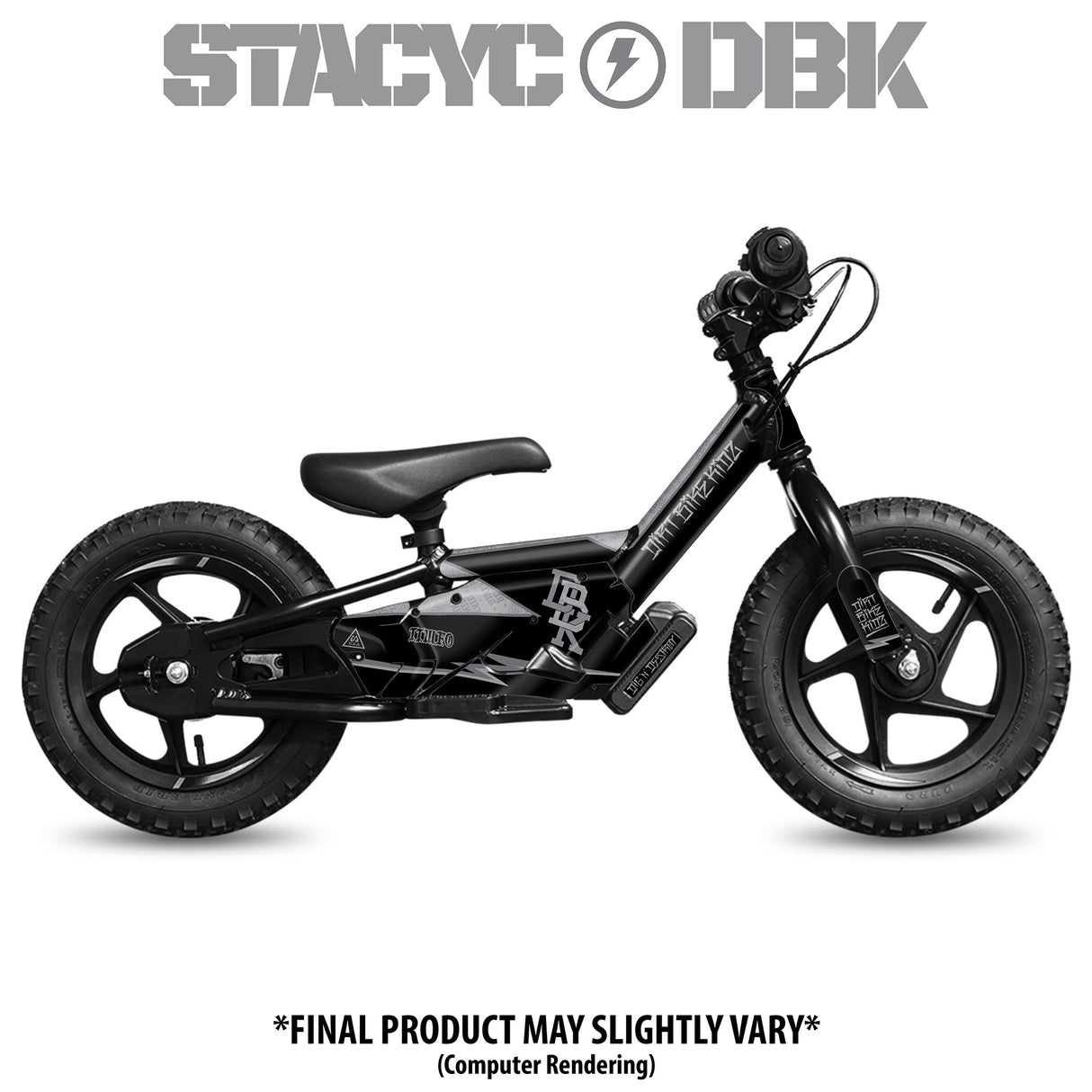 Black small-wheel bicycle with custom side graphics and decals, seat, fork, and wheels