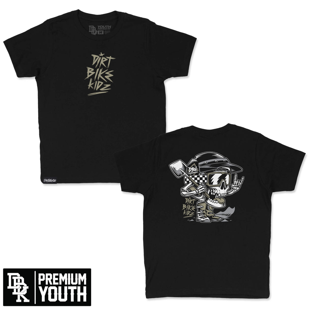 Youth black premium tee with front “Dirt Bikes Kidz” graphic