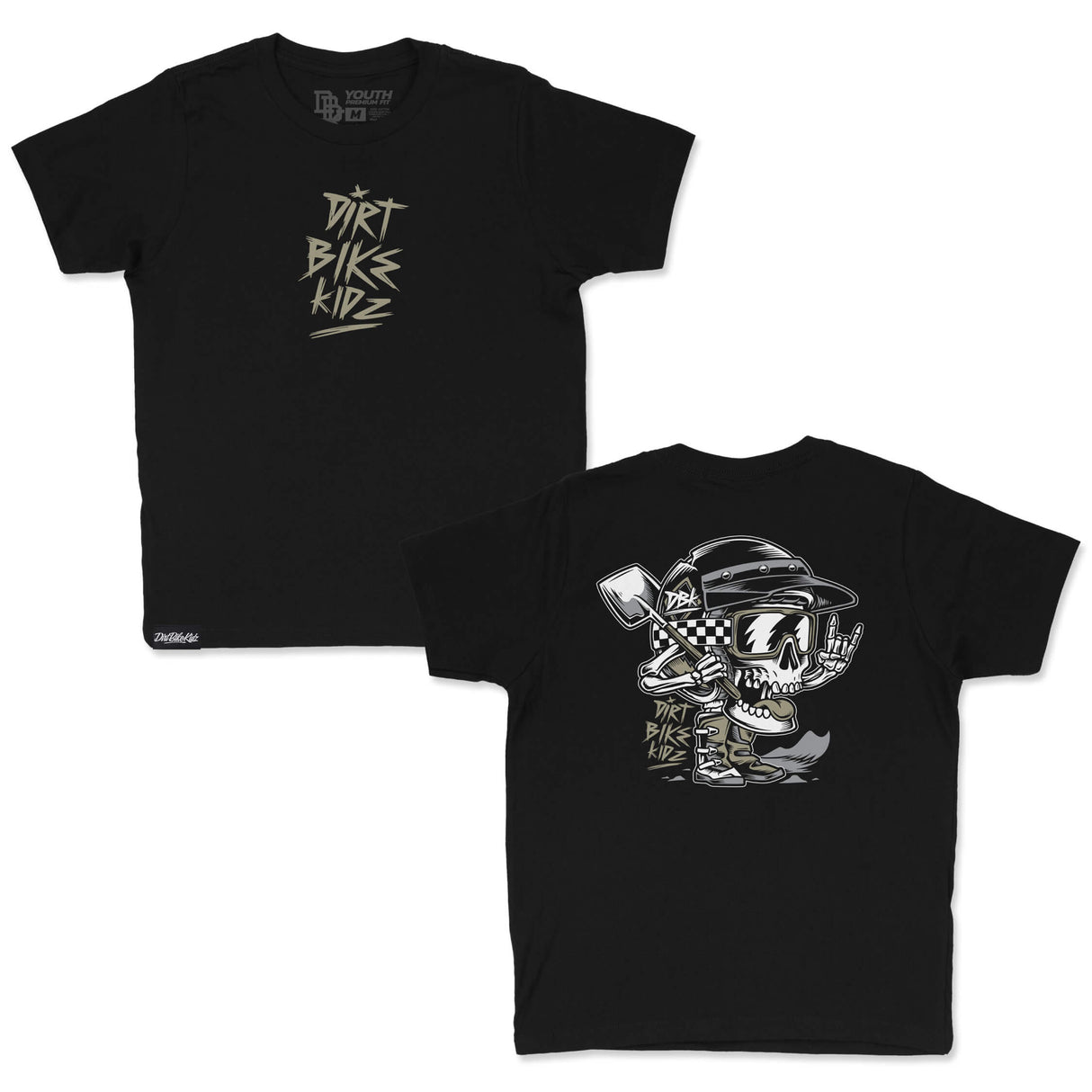 Youth black premium tee with front “Dirt Bikes Kidz” graphic