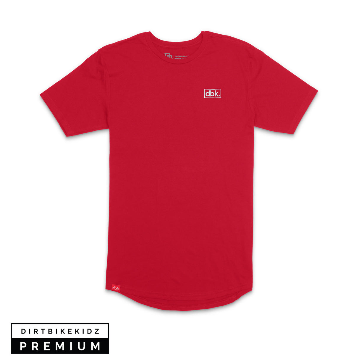 Tall red premium tee with crew neck and small chest dbk logo
