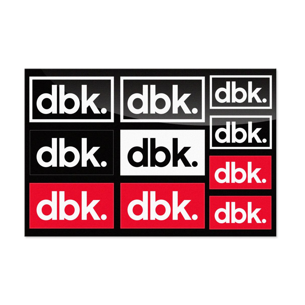 Sticker pack set of dbk logo stickers in red and black boxes