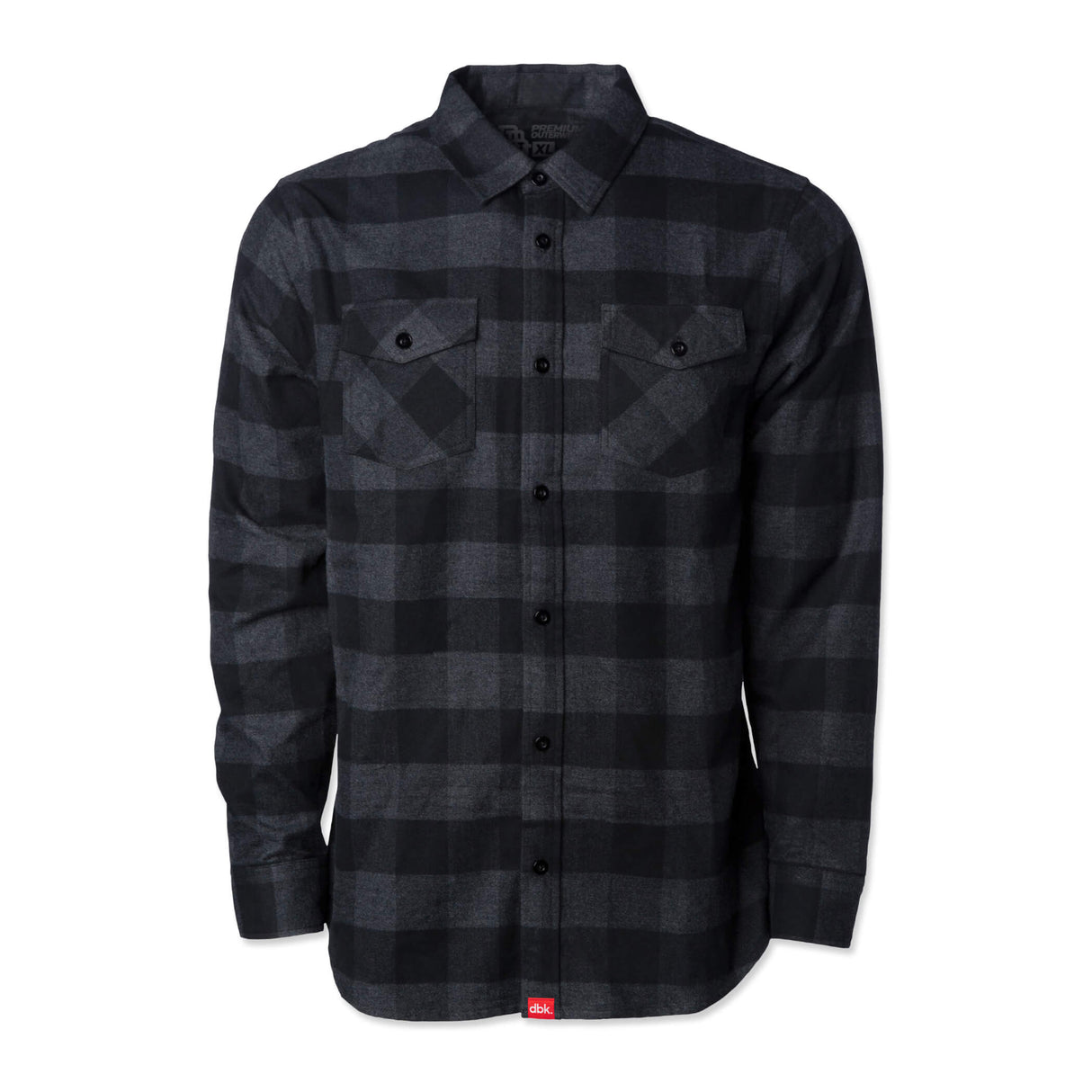 Charcoal plaid flannel shirt with button front, spread collar, and chest pockets
