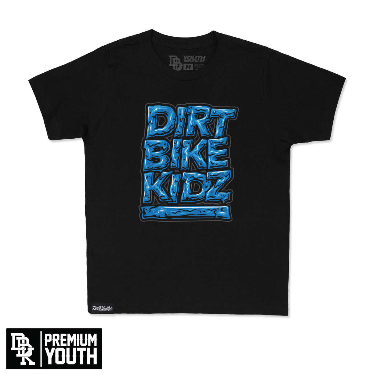 Youth premium tee, black, front graphic logo in blue and black, crew neck