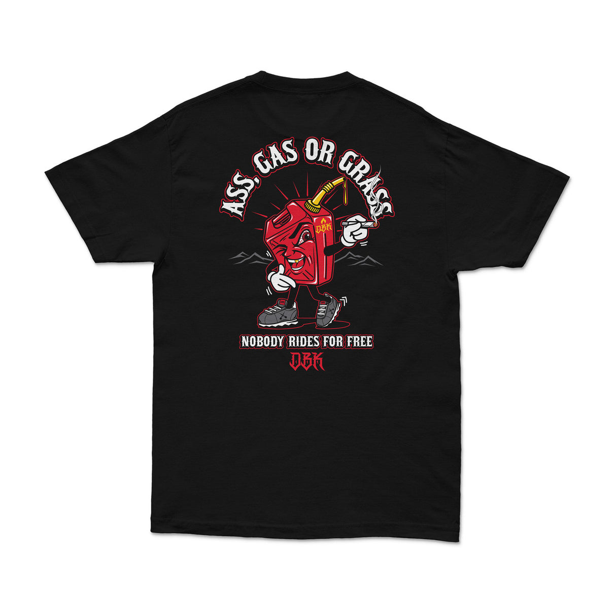 Black T-shirt with large back graphic, character and red text, crew neck