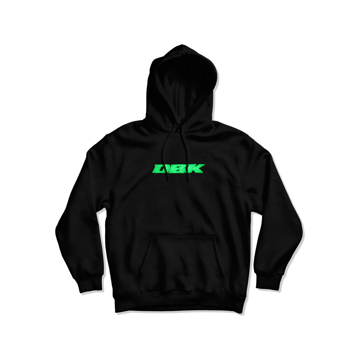 Black glow hoodie with hood and front pocket; green LEBK logo on chest