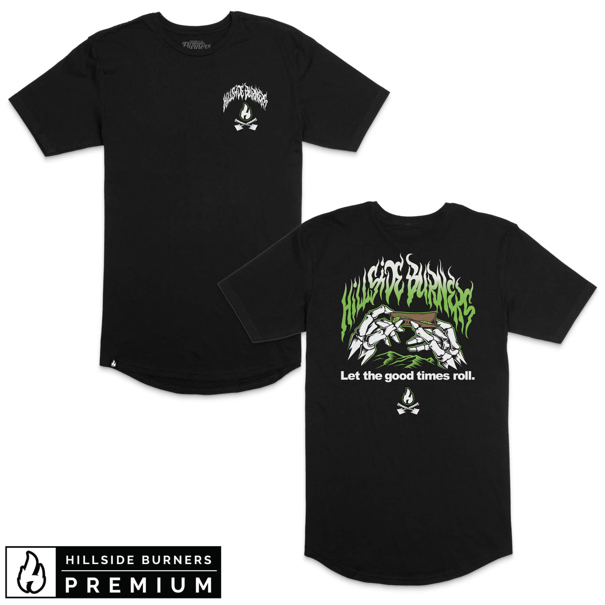 Black short-sleeve T-shirt with small chest flame logo graphic