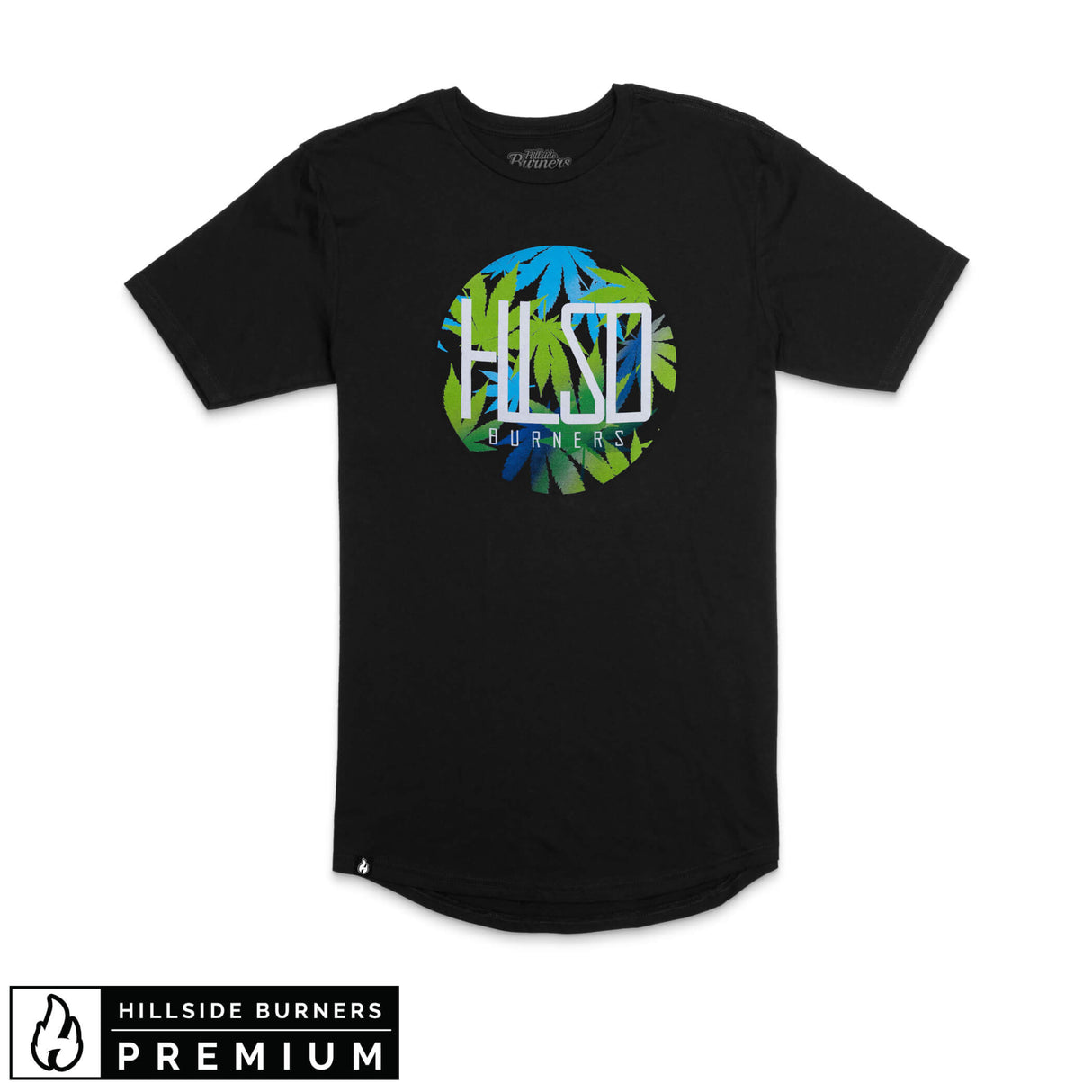 Hillside Burners black T-shirt with colorful chest logo print