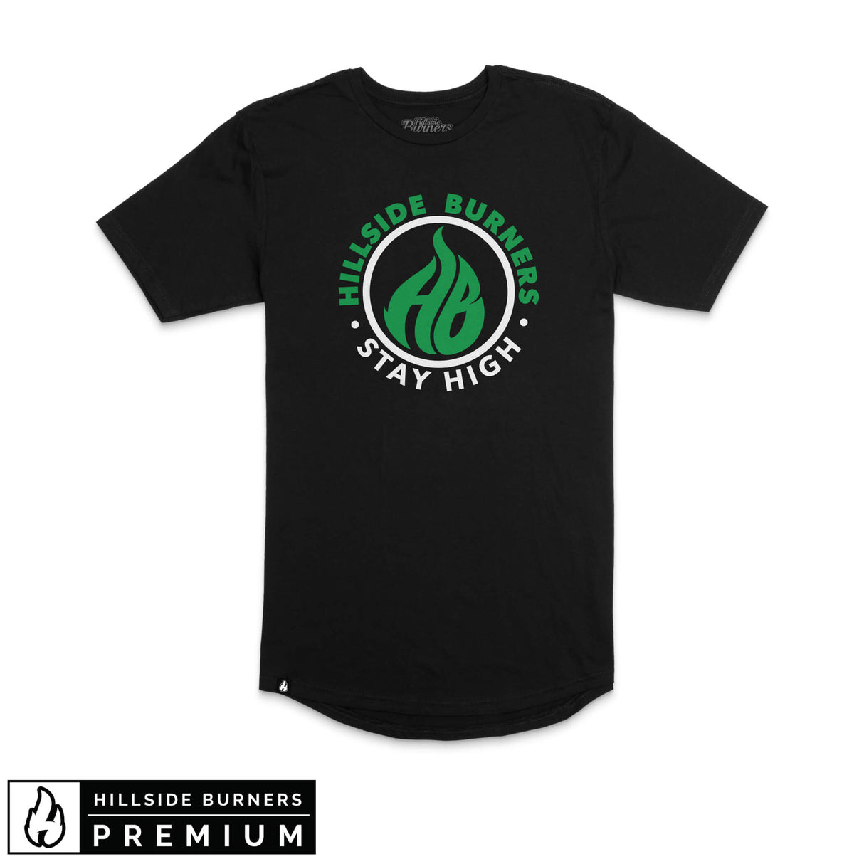 Black Hillside Burners T-shirt with large green-and-white circular logo graphic