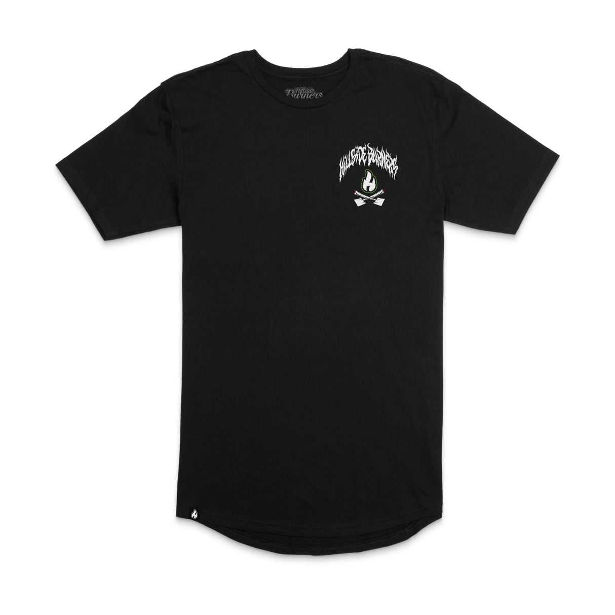 Black short-sleeve T-shirt with small white flame logo on chest