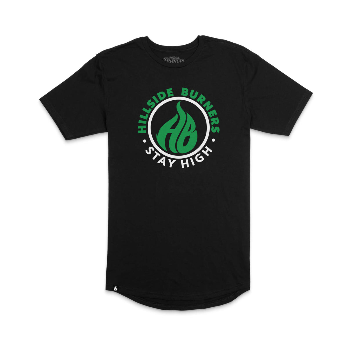 Black Hillside Burners T-shirt with centered green-and-white circular logo