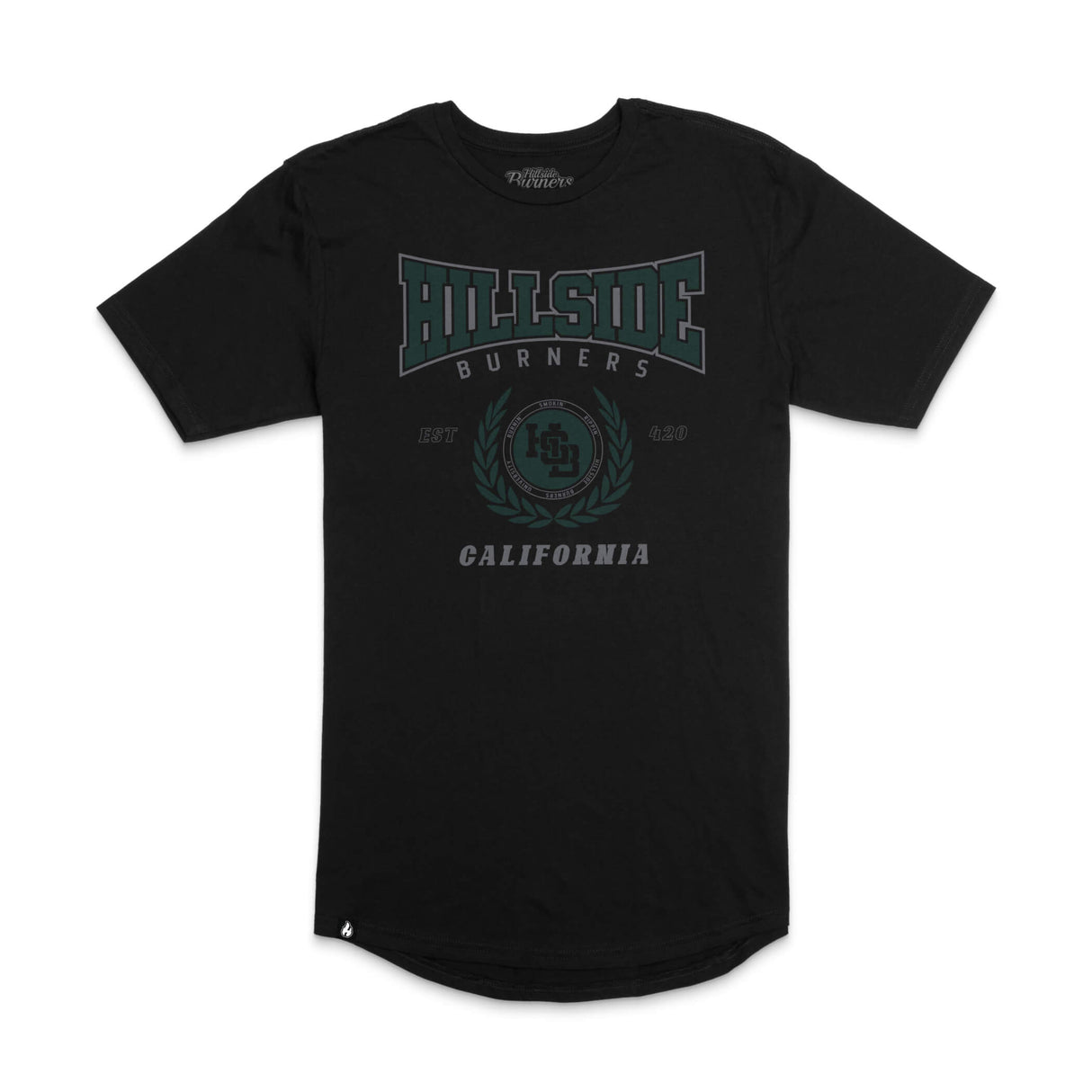 Black varsity tee with green “Burners California” front graphic