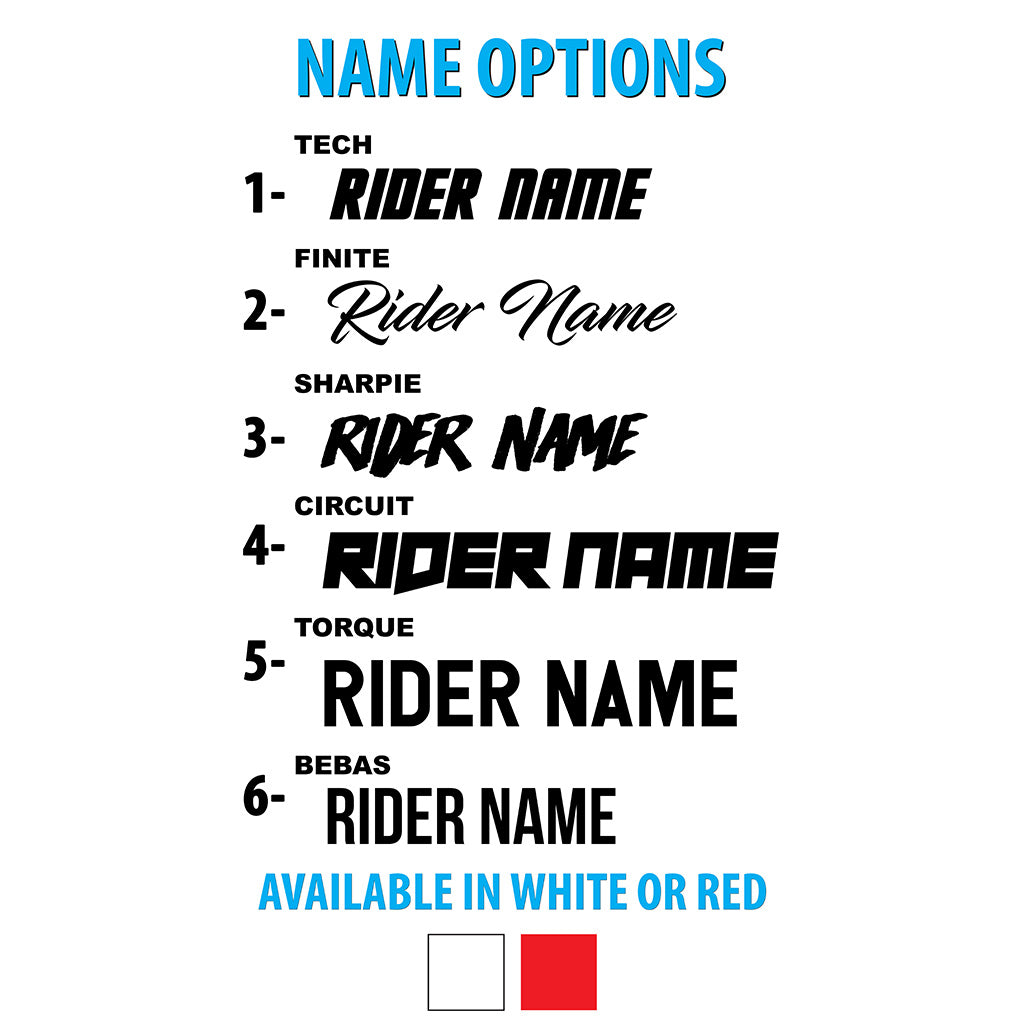Custom name options for race-number graphics, available in white or red