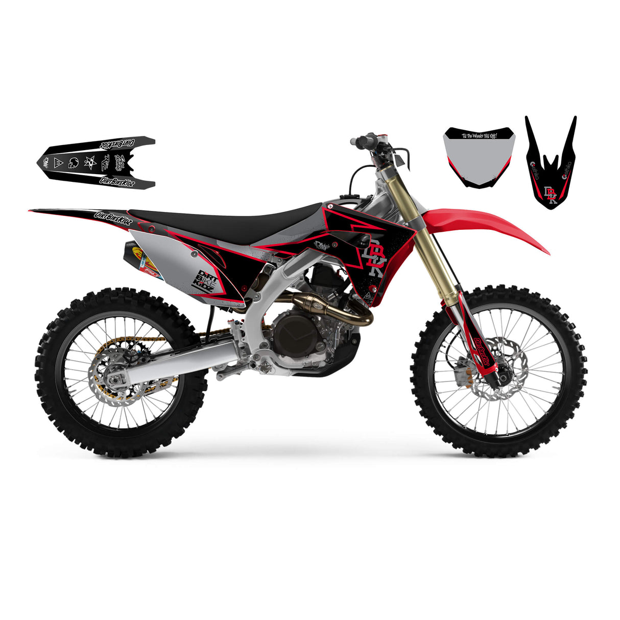 Off-road motorcycle graphic kit on black and red bike with white wheels and mounted decals