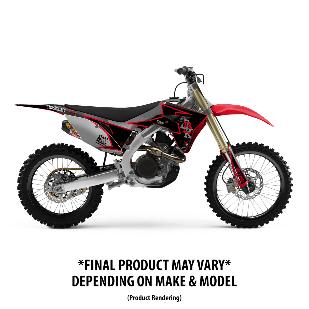 Off-road motorcycle graphic kit side view with black and red graphics and white wheels