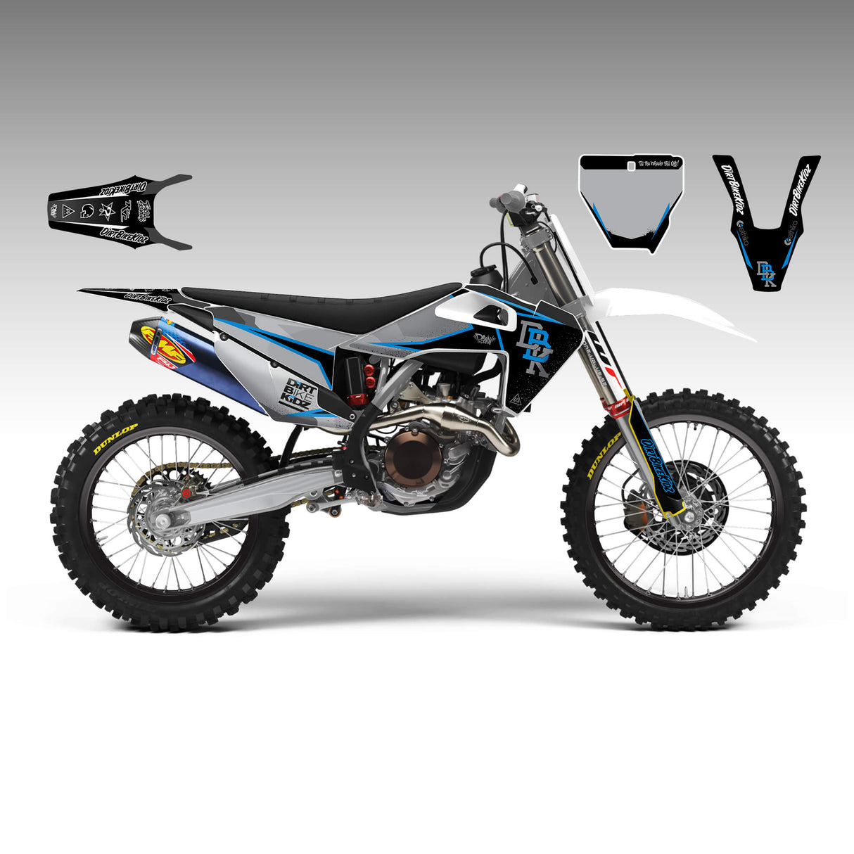 Off-road motorcycle graphic kit with matching fender, radiator, and fork decal pieces