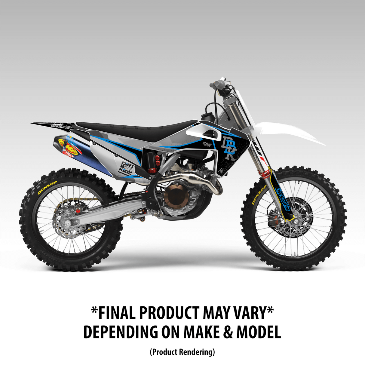 Off-road motorcycle graphic kit, blue and black decals on side panels and fork guards