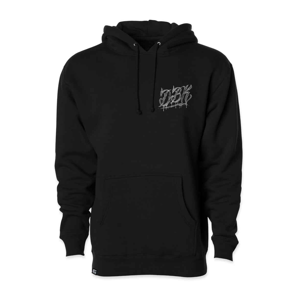 Black hoodie with small chest graphic and drawstring hood