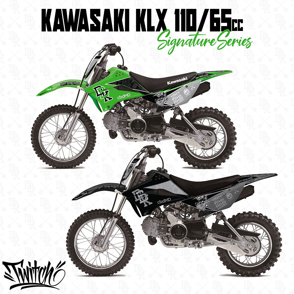 Green and black motorcycle graphic kit for KLX 110 with full body decals and panels
