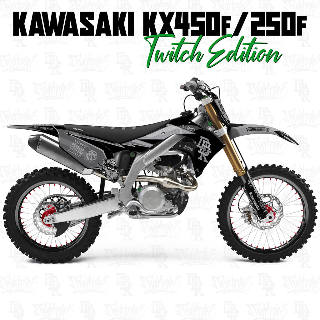 Motorcycle graphics kit for Kawasaki KX450F/250F, black and silver with green accents