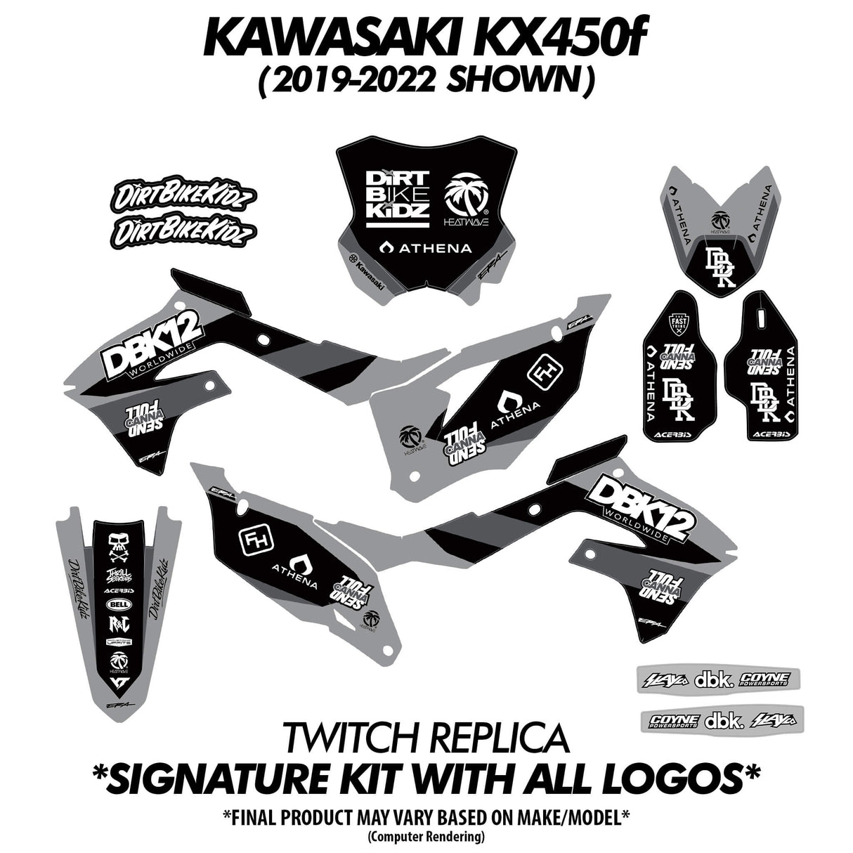 Motorcycle graphics decal kit sheet with black and gray pieces for off-road panels.