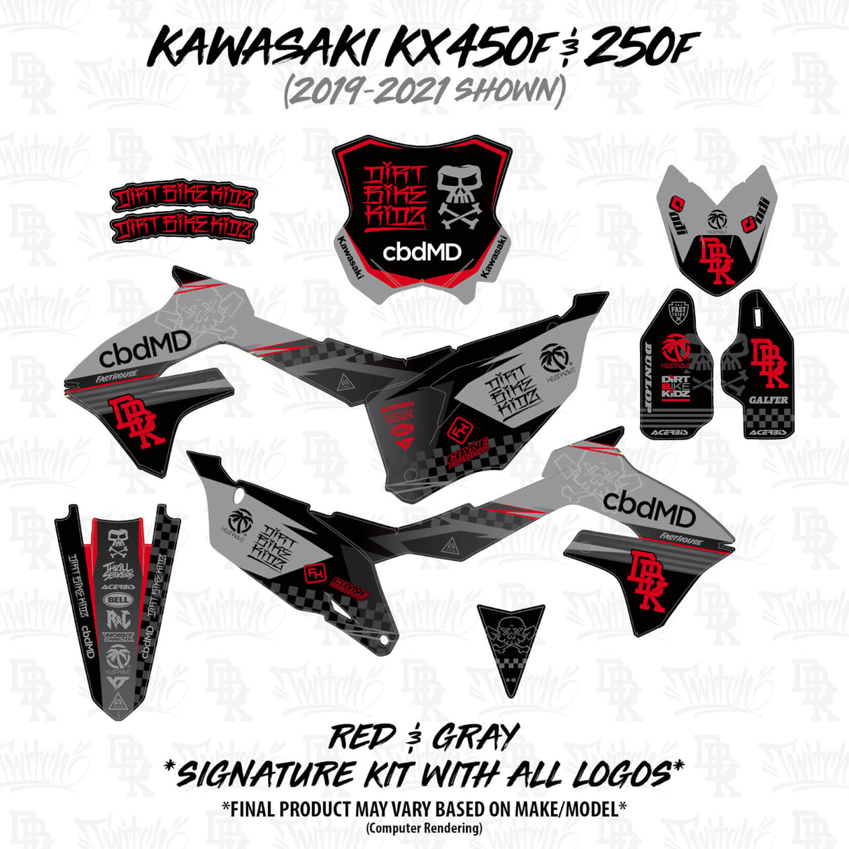 Kawasaki KX450F/KX250F decal kit parts in black with red and gray accents