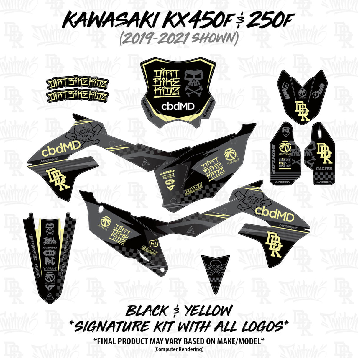Kawasaki KX450F/KX250F decal kit parts in black with yellow accents and side plate graphics