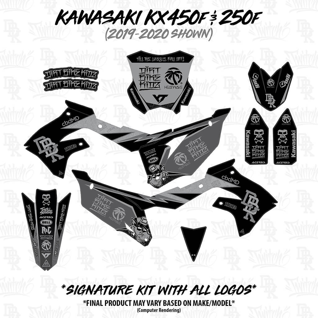 Motorcycle graphics decal set layout, black and gray panels with matching trim pieces