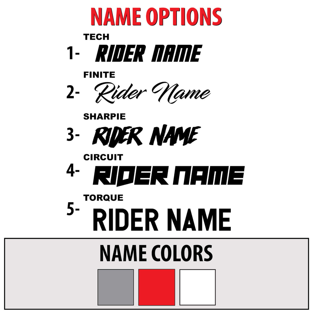 Motorcycle name options graphic card with tech list and name color swatches