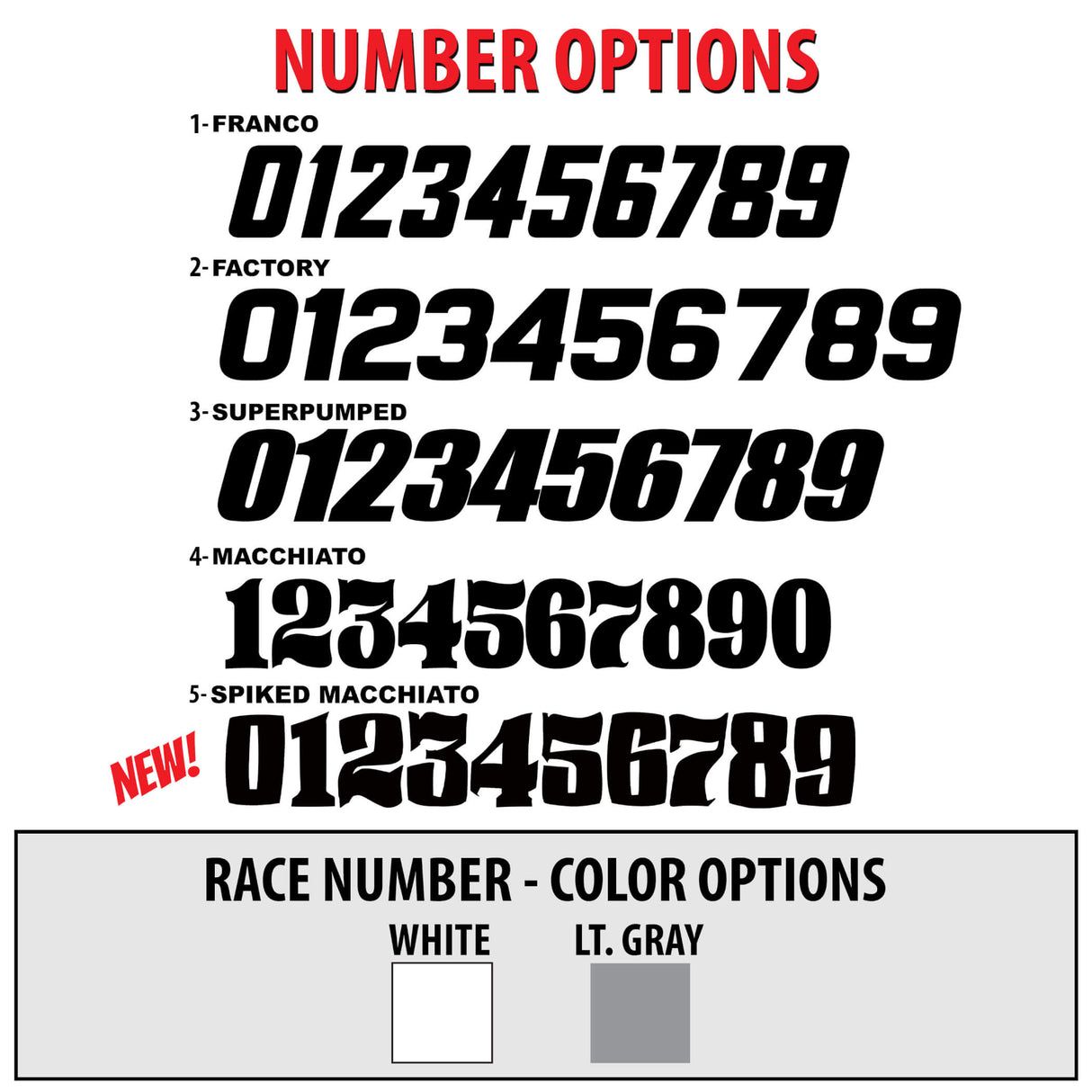 Race number options chart with black numeral styles and white or light gray swatches.