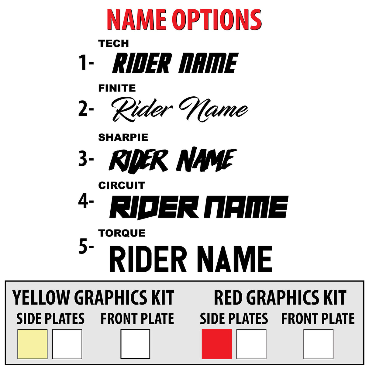 Kawasaki KX450F/KX250F name options graphic decal kit with yellow or red theme