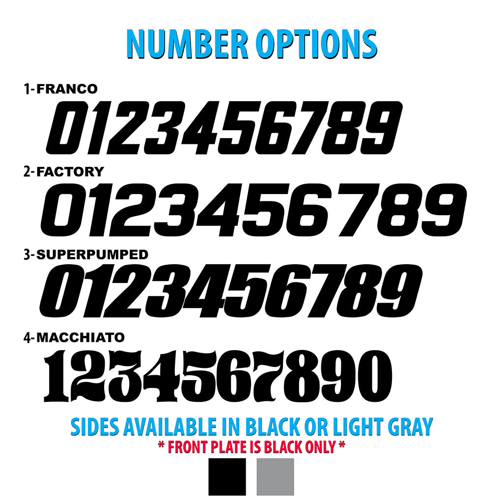 Motorcycle graphics number option chart showing black or light gray number styles