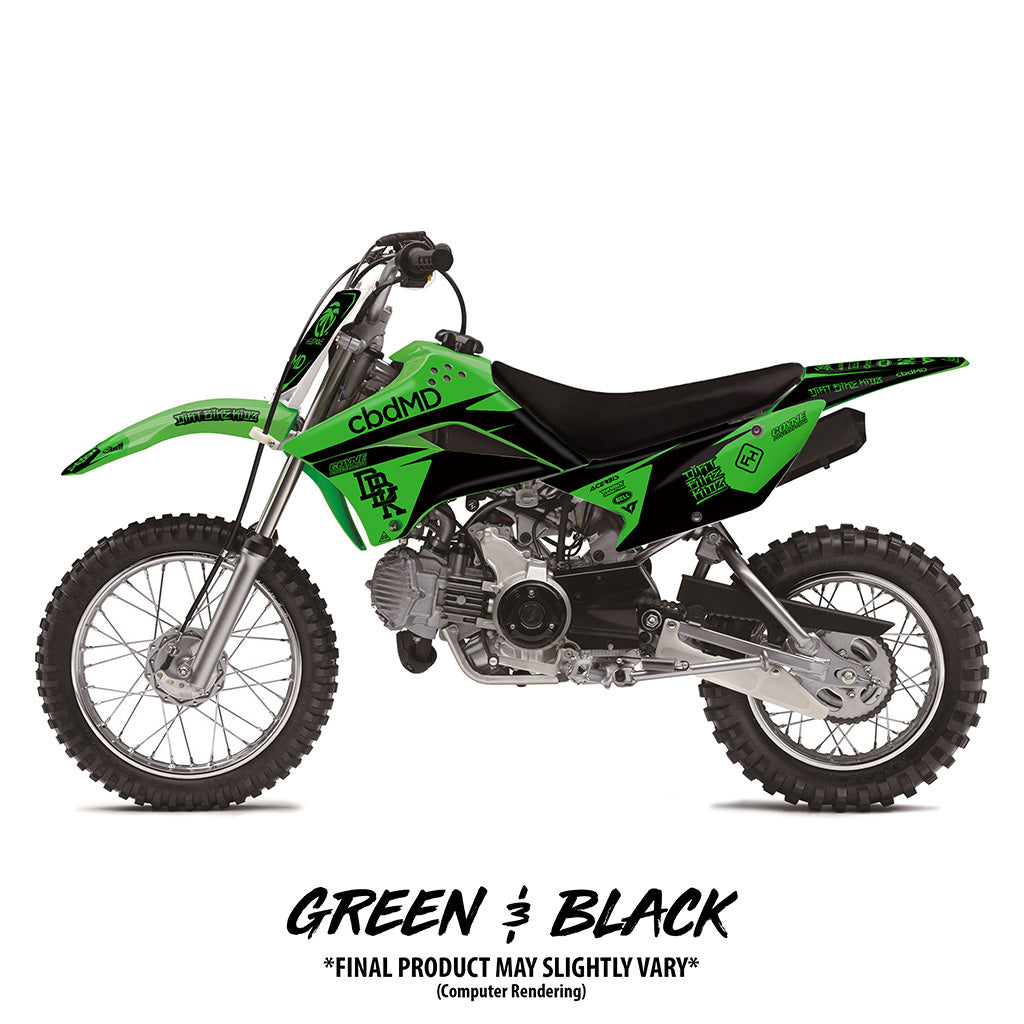 Kawasaki KLX 110 dirt bike with green and black graphics, side panels and tank decals