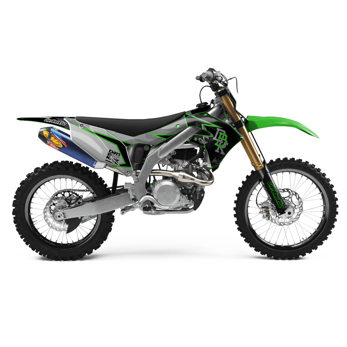 Dirt bike graphic kit on green-and-black motorcycle, with side panels and fender decals