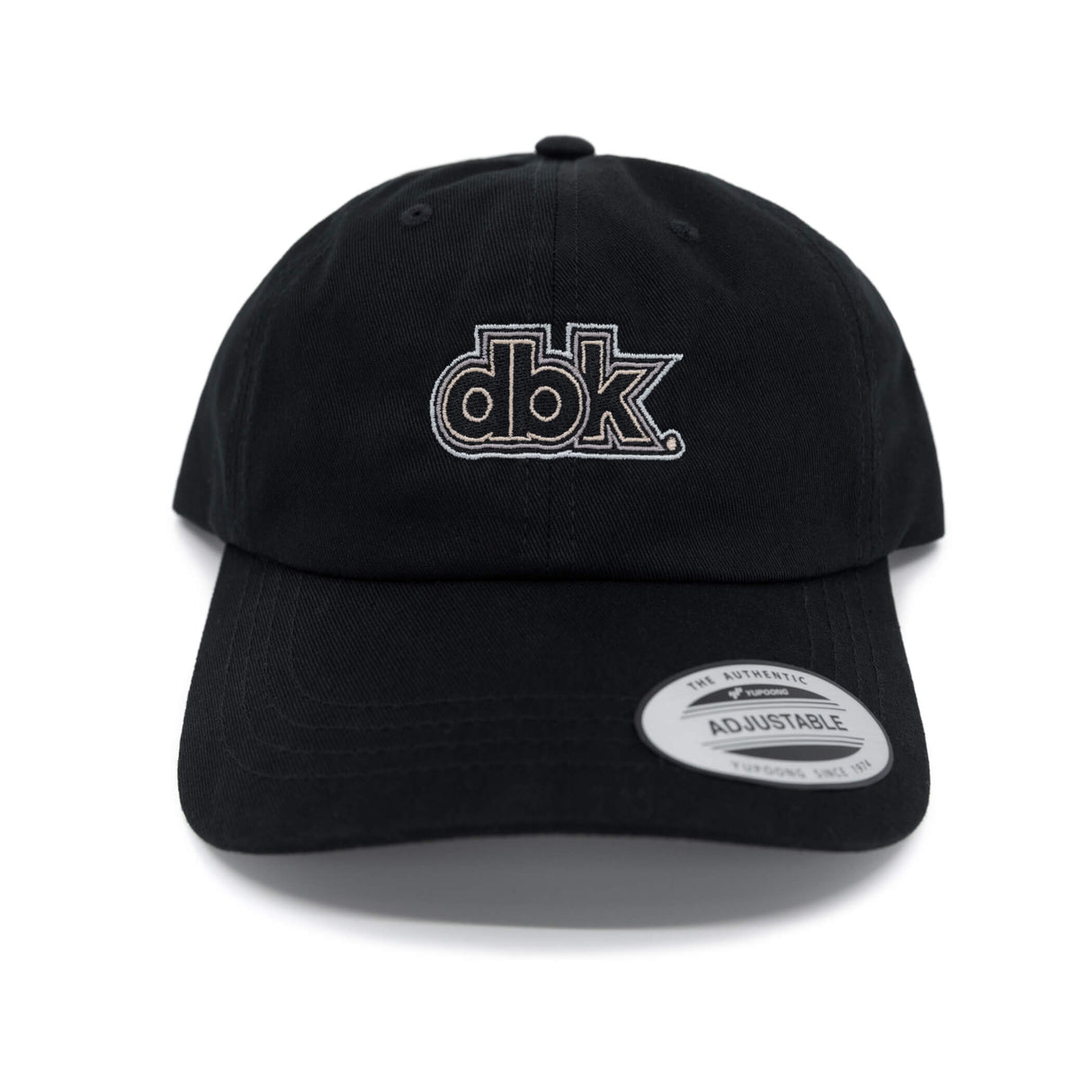 Black dad hat with dbk logo embroidery and adjustable front label