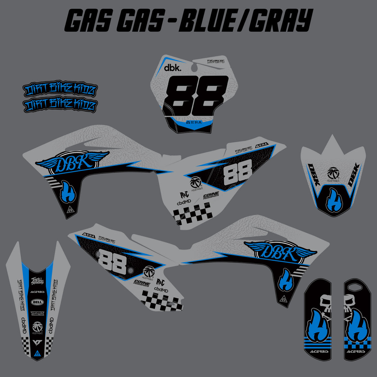 Dirt bike decal set with blue and gray graphic panels and number plate pieces
