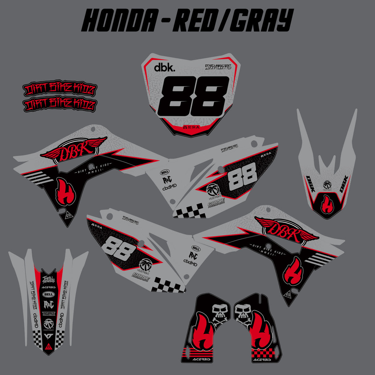 Red and gray decal kit layout with 88 number plate and side graphics