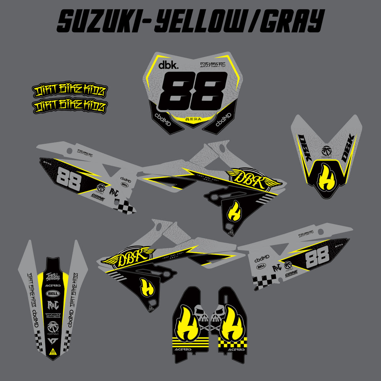 Yellow and gray dirt bike decal set layout with matching number and side plate pieces