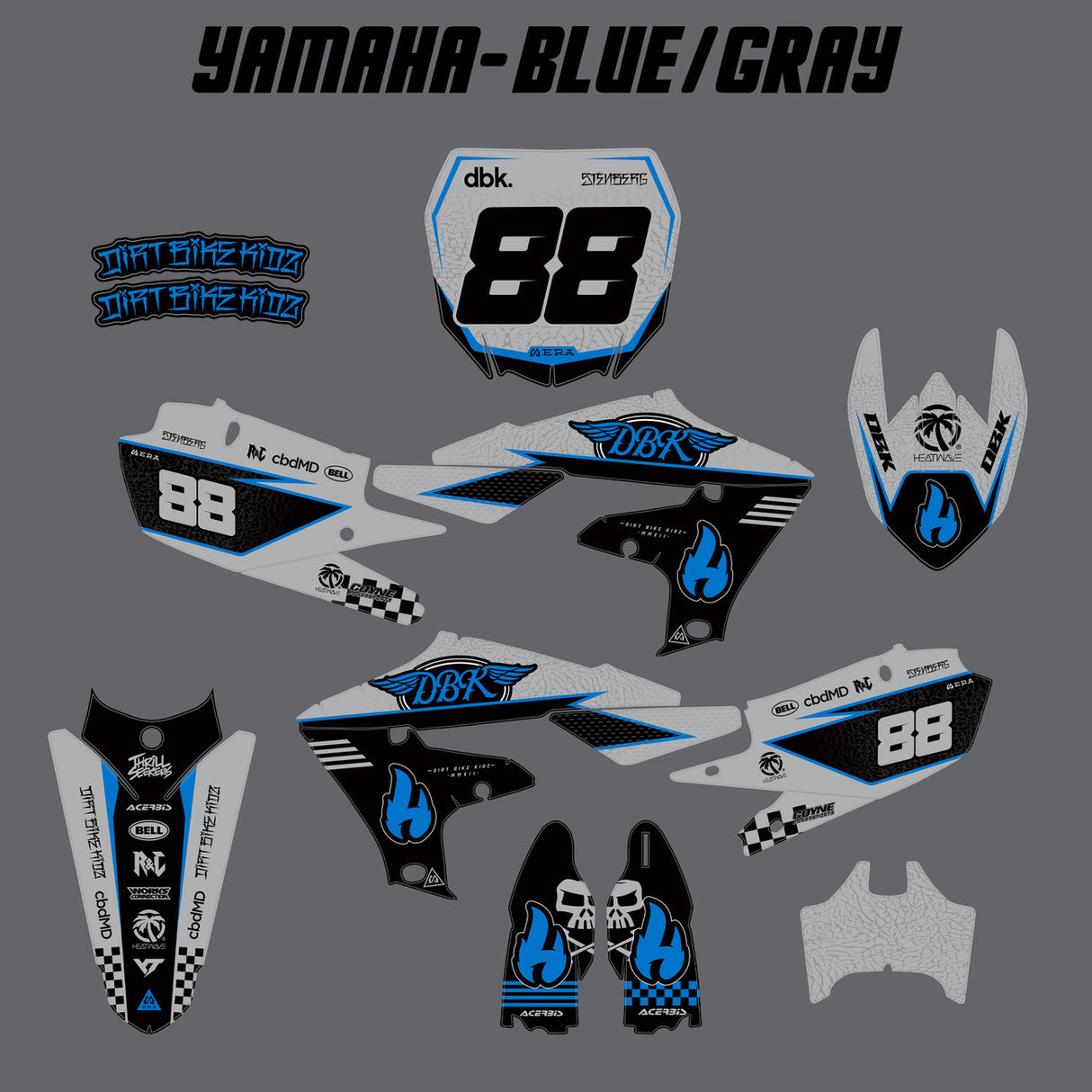Motorcycle decal set layout in Yamaha Blue/Gray style with number 88 pieces