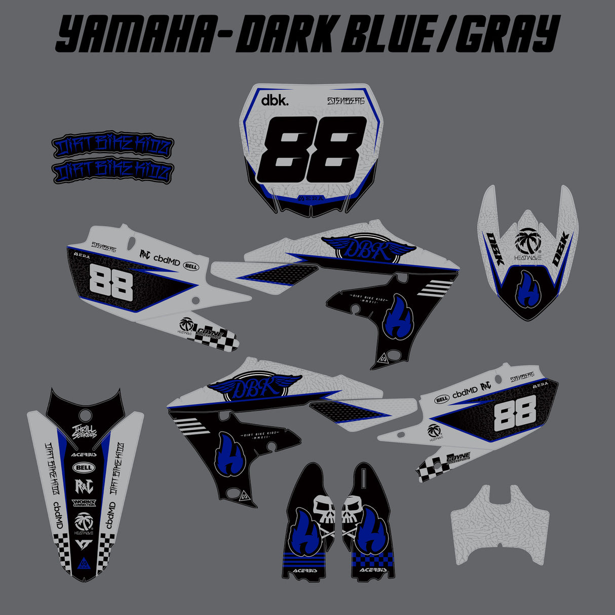 Motorcycle decal set layout in dark blue/gray style with number 88 pieces