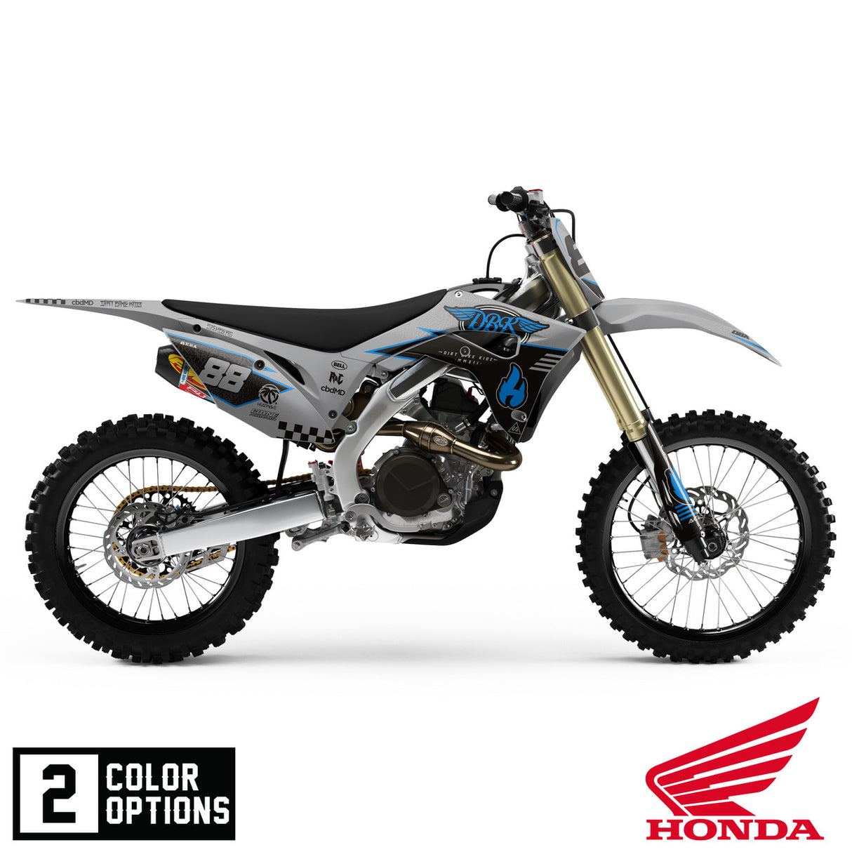 Off-road dirt bike in blue, white and gray with black seat and front fork