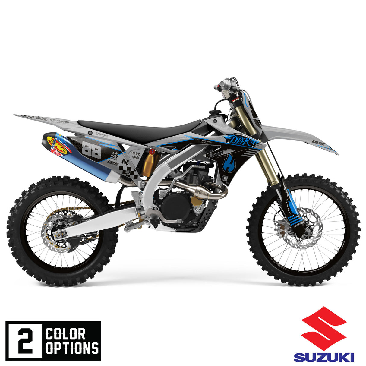 Dirt bike side view with blue and gray graphics and number 88 on side panels