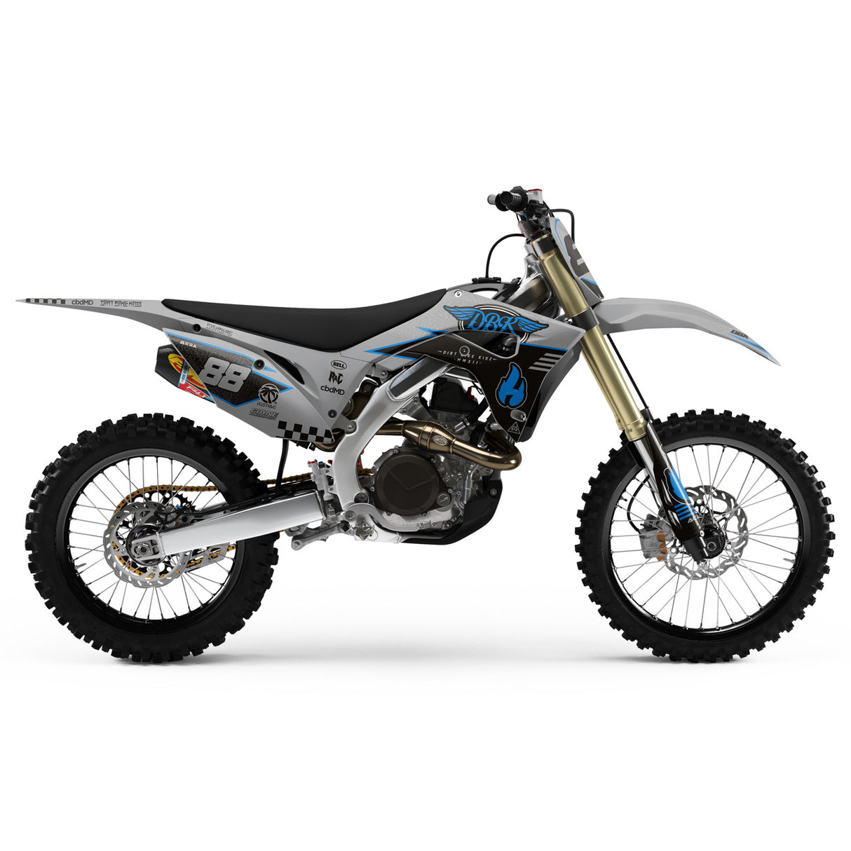 Off-road dirt bike left-side view in blue and gray with black seat and decals