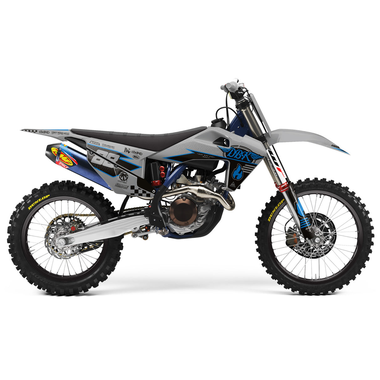 Blue and gray motocross motorcycle in side view with front fender and side graphics