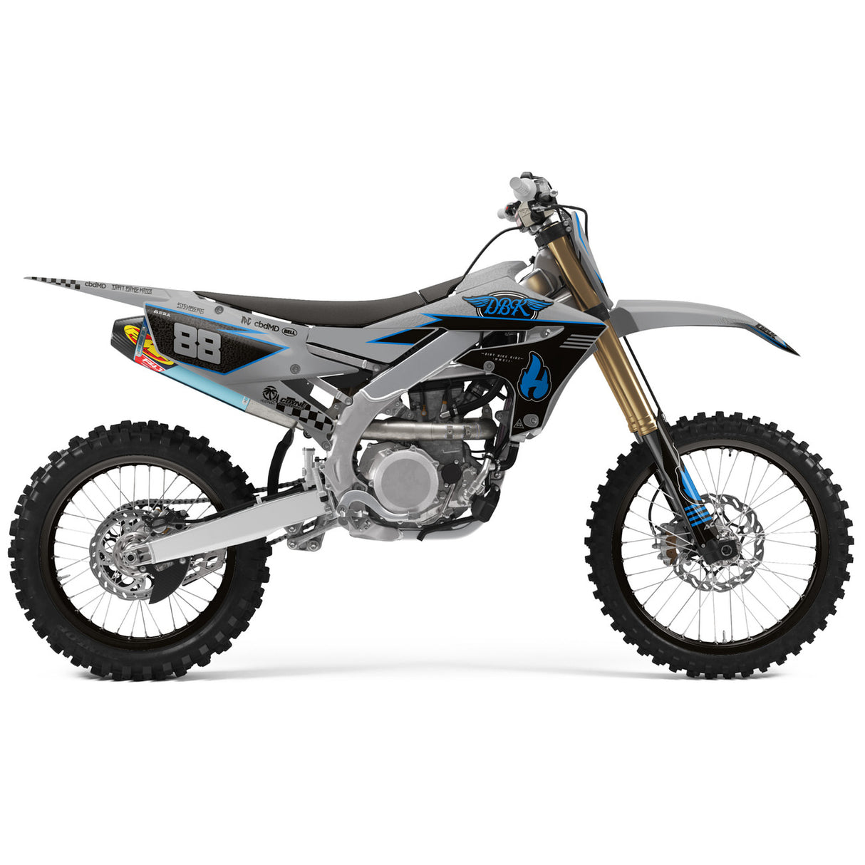 Off-road motorcycle with blue/black graphics, number 88, silver frame, knobby tires