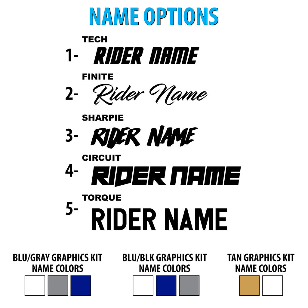 TTR 110 name option styles and color choices: blue/gray, blue/black, tan