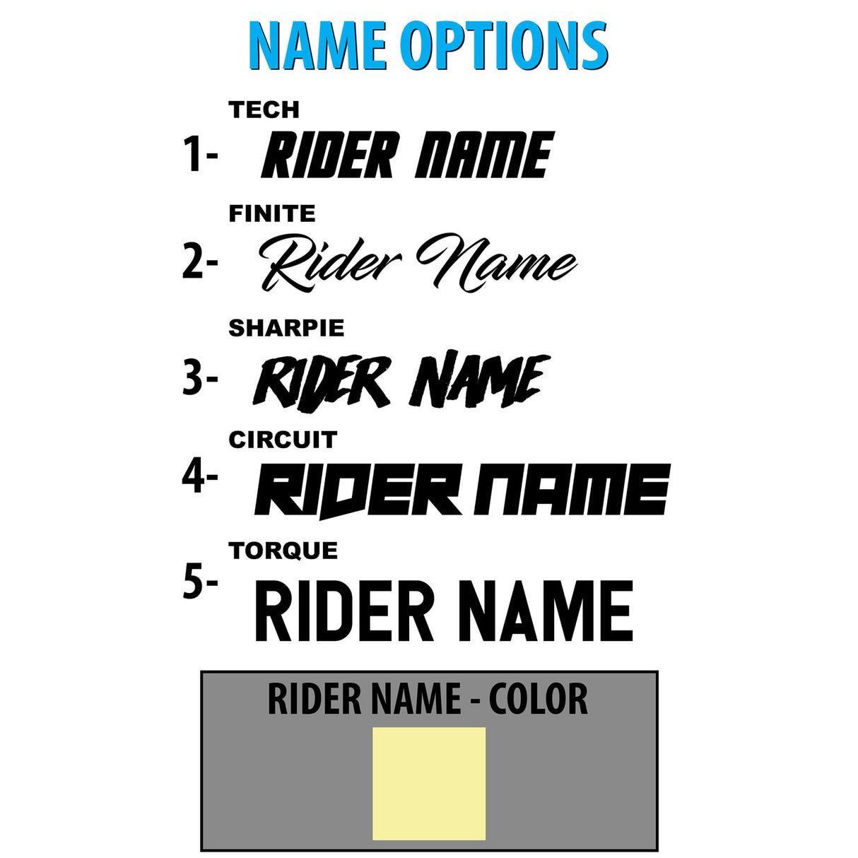 Name options layout for custom KLX 110 graphics: Tech, Rider Name, Sharpie, Circuit