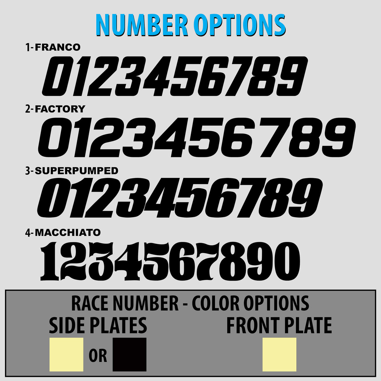 Number options for custom KLX 110 graphics: race numbers and color choices