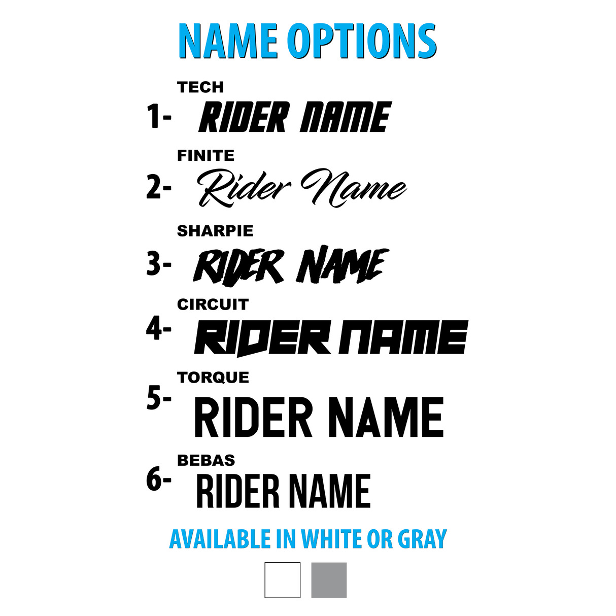 Motorcycle graphic kit name options list with Tech, Rider Name, Sharps, Circuit, and Torque