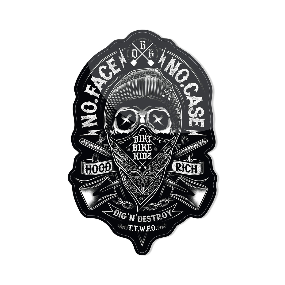 Black/white motorcycle skull face sticker with bandana and crossed ribbons