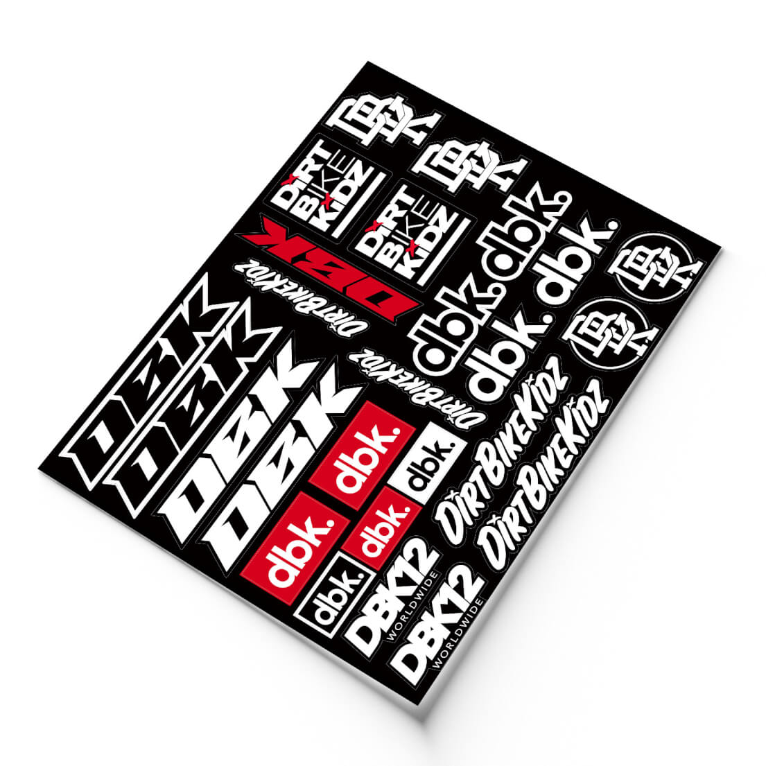 Sticker sheet with black background and white, red, and gray DirtBikeKidz logos and DBK